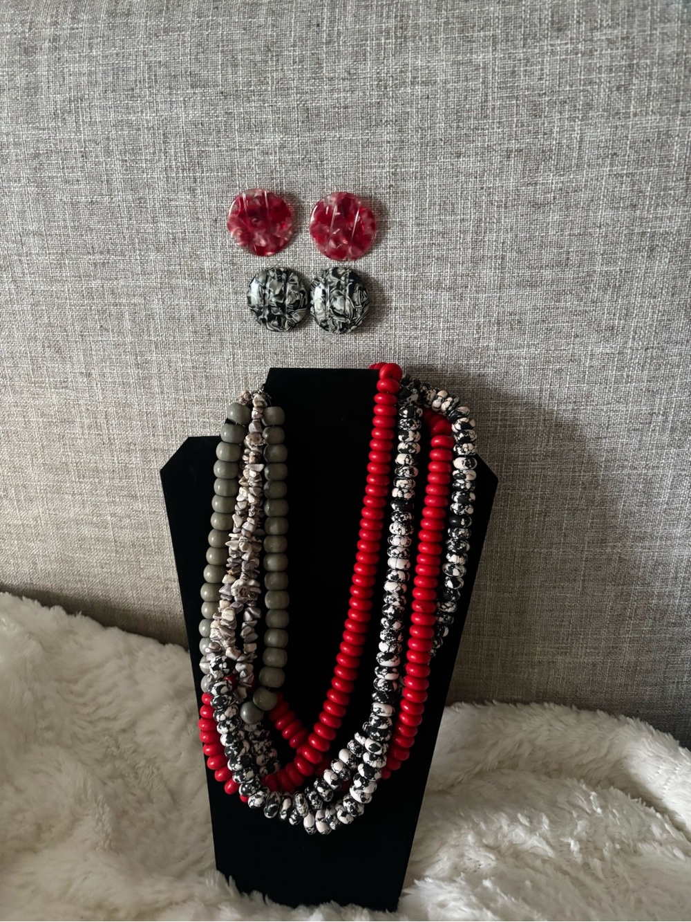 Sassy Jones Multi-Strand Red, Black&Gray Beaded Necklace with Matching Earrings
